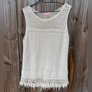 Lilly Pulitzer Size XL Gold Metallic Limon Crochet Sleeveless Sweater Fringe Hem
